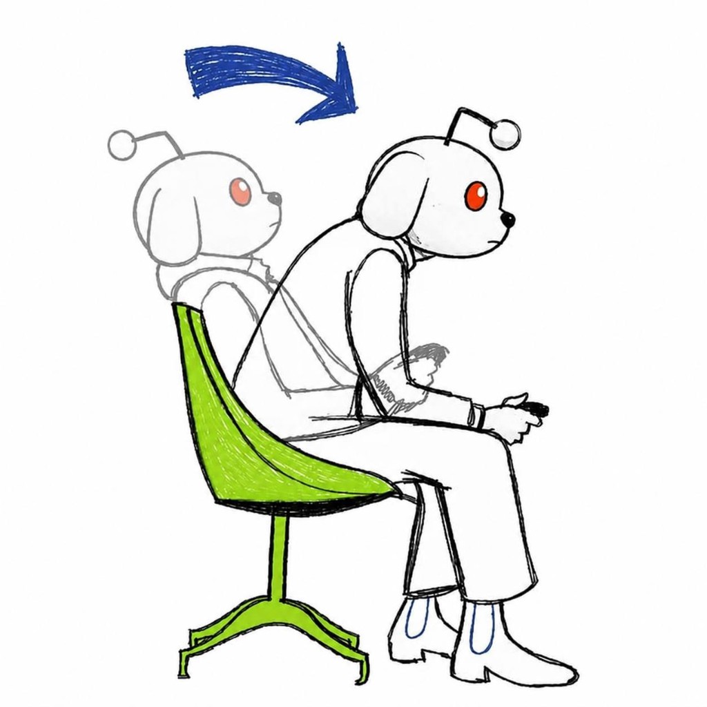 Snoofi leaning forward in a chair, locking in